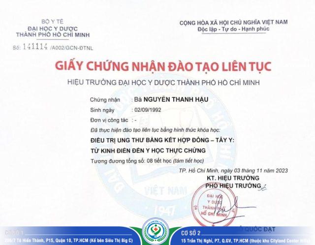 Giấy chứng nhận đào tạo liên tục bác sĩ Nguyễn Thanh Hậu